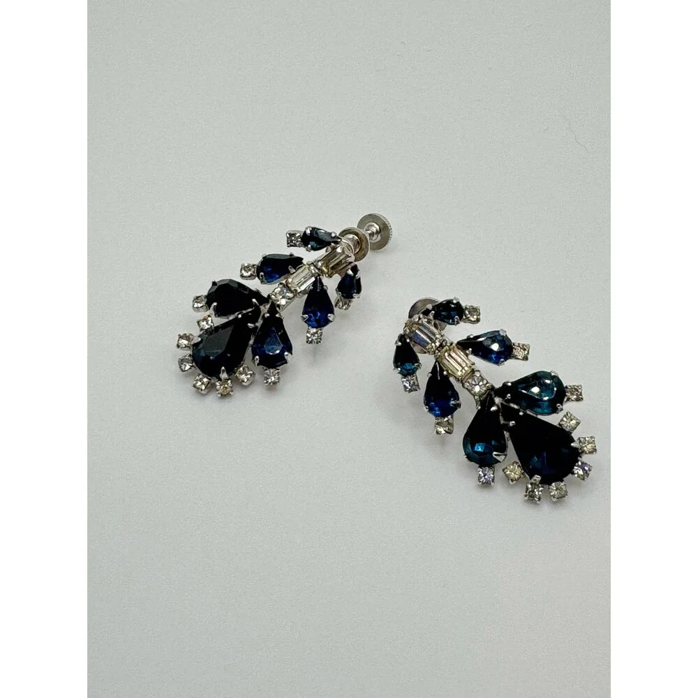 Vintage 1960s Blue Rhinestone Dangle Clip On Earrings - Picture 3 of 4